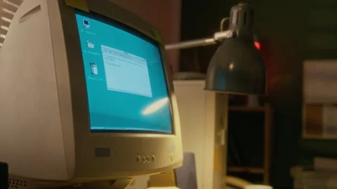 Screen of 1990s Desktop Computer with Notepad App at Home Office Stock Footage 327230986