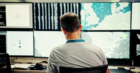 Screen, back or man on computer for maps for news, research or ecology in data Foto stock