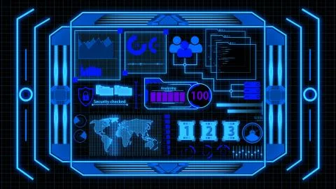 Screen With Blue Data Analysis Details and Digital Elements Background Illustrazione stock