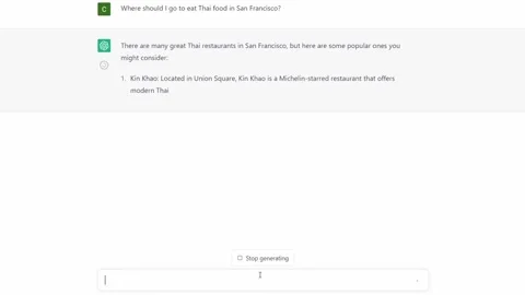 Screen capture: asking ChatGPT where to eat Thai food in San Fransisco Stock Footage 236856705