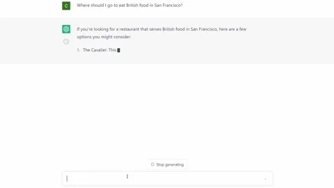 Screen capture: asking ChatGPT where to eat British food in San Francisco Stock Footage 236856710