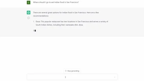 Screen capture: asking ChatGPT where to eat Indian food in San Francisco Stock Footage 236856711