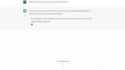 Screen capture: asking ChatGPT where to eat Asian food in San Francisco Stock Footage 236856712