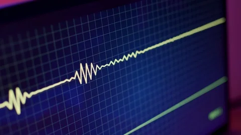 Screen close up - voice sound wave or waveform display on monitor in dark room Stock-Footage 129298356