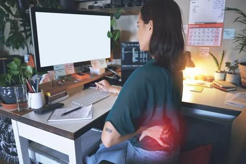 Screen, computer or woman with back pain in home office for burnout, app Stock-Fotos