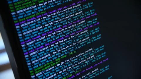 Screen with crypto code, green digitals. Bitcoin on computer screen with code Stockfoto's