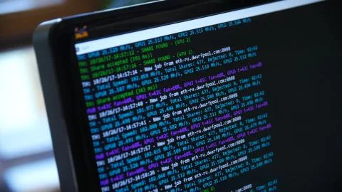 Screen with crypto code, green digitals. Bitcoin on computer screen with code Stock Photos