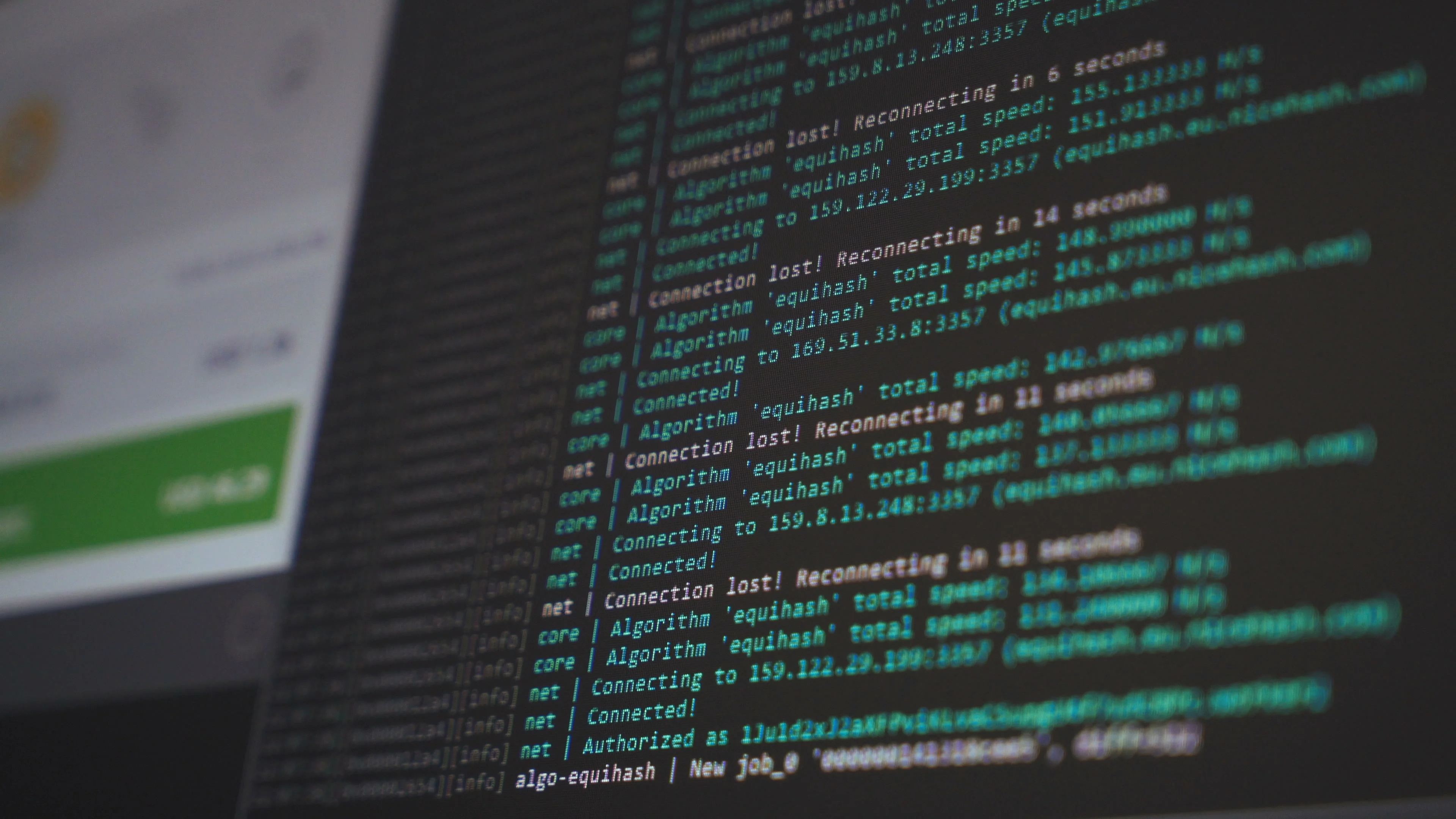 Screen with crypto code. Program code for mining cryptocurrency, mining  work. Sc