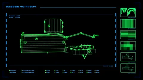 Screen cycles through four single-panel rotating wireframe displays  Video stock 78706703