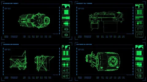 Screen cycles through two four-panel rotating wireframe displays  Stock Footage 78706772