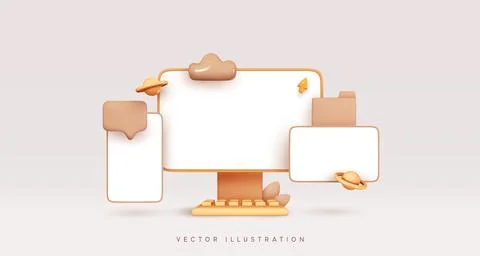 Screen device mockup. Mock up Desktop computer, blank screen monitor. Mobile  Stock Illustration