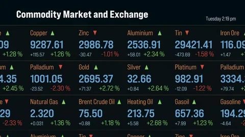 Screen with different commodities, metals, copper, zinc, gold,silver or crude oi Stock Footage 289655028
