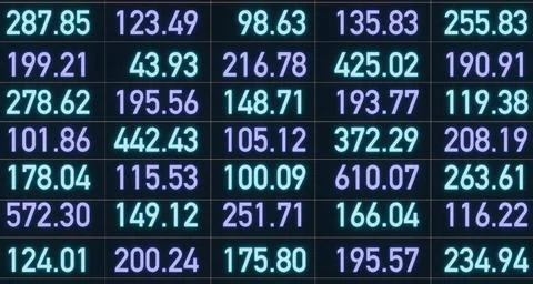  Screen with digital numbers, data or financial figures in purpla and blue... Stock Photos