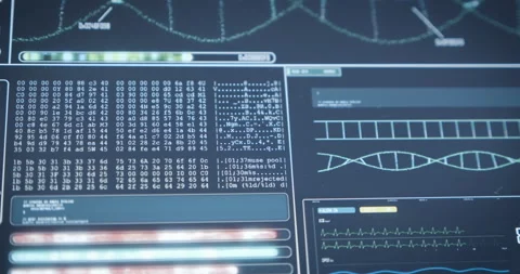 Screen with digital software program for analyzing data. Charts, DNA, charts Stock Footage 154709741