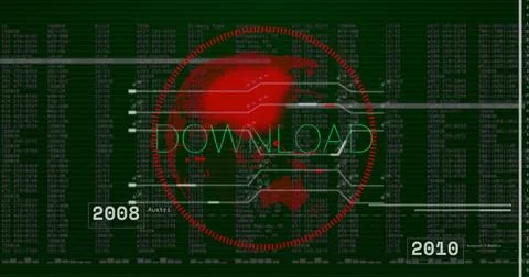 Screen displaying red grid world map DOWNLOAD text, horizontal lines, code Stock Illustration