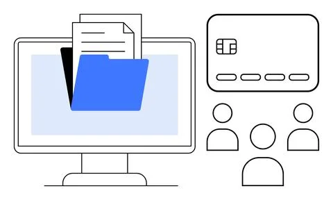 Screen with documents and blue folder, bank card, and user icons outline. Ide Stock Illustration