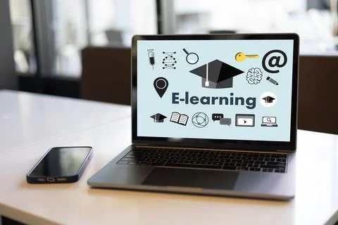 On-screen e-learning Internet Networking Sharing online on a computer educa.. Fotos Stock