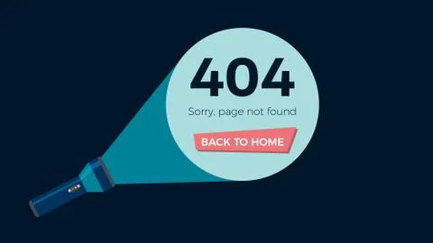Screen error 404, page not found. Flashlight shine on text and button. Stock Illustration