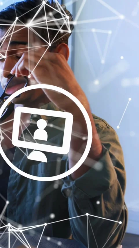 Screen-facing man fixing glasses, network overlay and PC icon floating in front Stock Footage 333135207