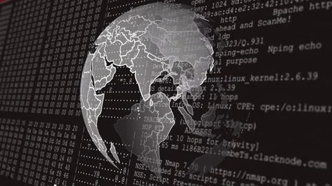 On screen fading in 3D globe rotating clockwise with code text scrolling to Stock Footage 311508093