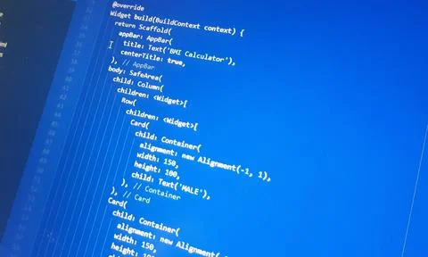 Screen of flutter application developing code. Lines of code on computer scre Foto stock