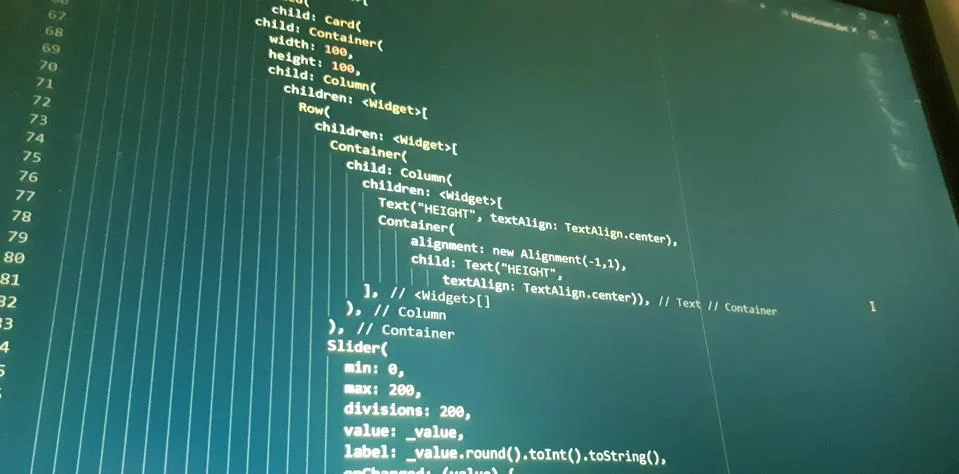 Screen of flutter application developing code. Lines of code on computer scre Foto stock