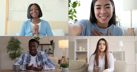 Screen of four friends connecting through video call Stock Footage 147379249