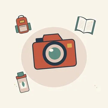 Screen free weekend with a camera and backpack. Decorative flat vector compos Illustrazione stock