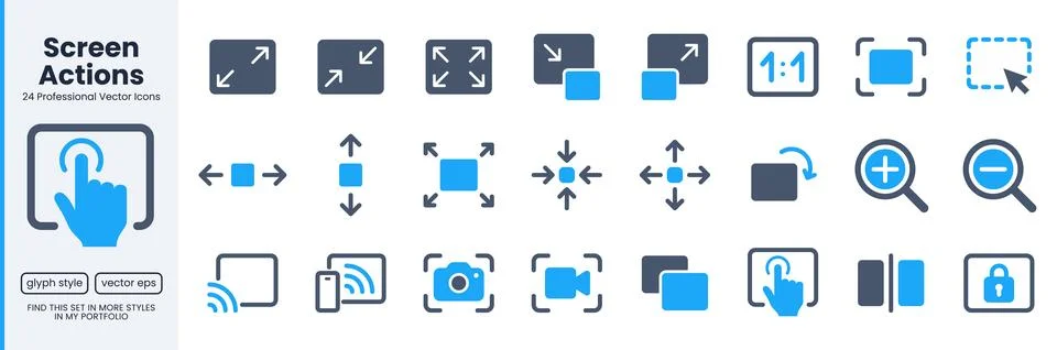 Screen glyph icon set. Resize, zoom, fullscreen, capture, lock, select area Stock Illustration