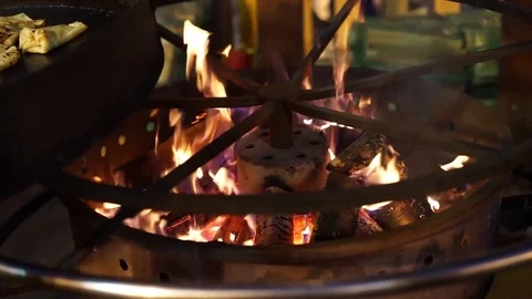 Screen Grate Front Fireplace Wood Logs Burning Fire Red Flames Video stock 71472275