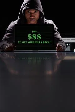 Screen, hacking and portrait of black man on laptop for online fraud Stock Photos