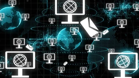Screen icon appearing near core globe screens spawning drifting and forming mesh Stock Footage 335211542