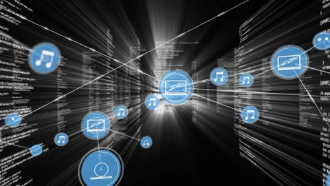 Screen icon pulsing, spawning note and avatar icons, connecting into tech Stock Footage 330893916