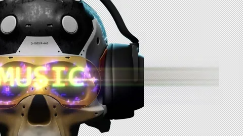 Screen installations with a music theme. stylized human skull in headphones w Stock-Footage 234924846