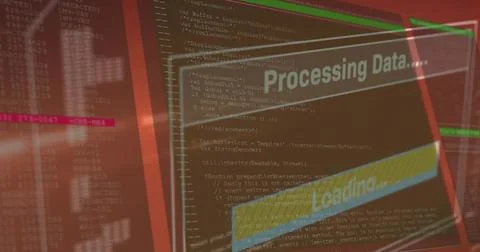 Screen interface showing translucent code panels with Processing Data and Stock Photos