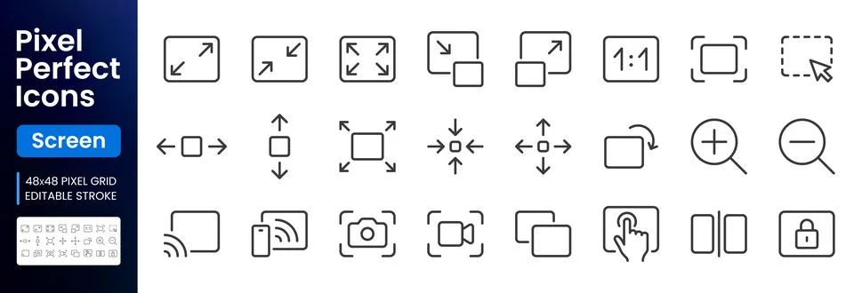 Screen line icon set. Resize, zoom, fullscreen, capture, lock, select area Stock Illustration