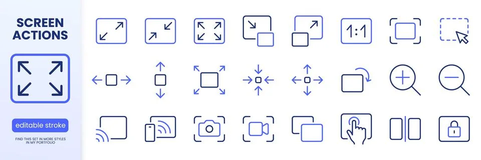 Screen line icon set. Resize, zoom, fullscreen, capture, lock, select area Stock Illustration