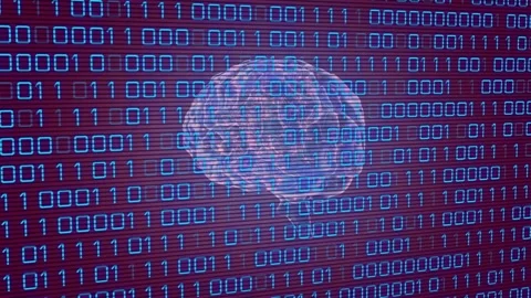 Screen loading, cyan holographic brain centering while binary matrix scrolling, Stock Footage 333965176