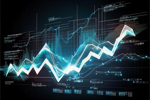 Screen of Market graph reporting analysis with blue color on black background Stock Illustration