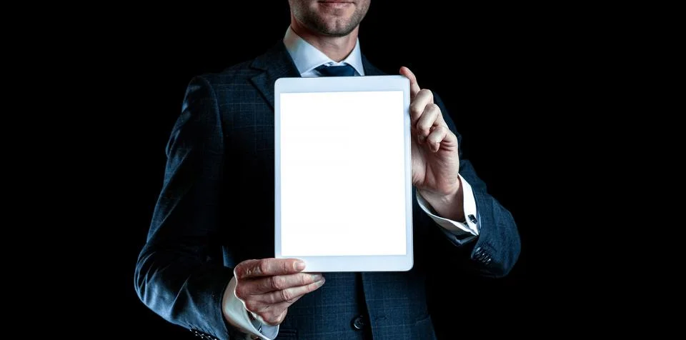 Screen mockup. Empty blank tablet in businessman hand. Mock up screen smart d Stock Photos