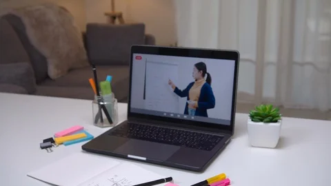 Screen notebook laptop with learning education online at home Stock Footage 129846053