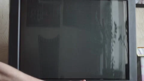 On screen, old, square, CRT TV, noise, does not catch channel, program. Close-up Stock Footage 157293650