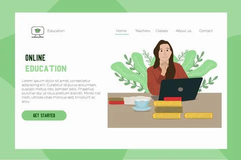 Screen for an online school website with a picture of a female student in front  Stock Illustration