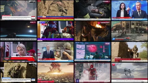 Screen Overwhelmed Contrasting Images, Faces of Anchors in Studios, Drones in Stock Footage 329283857