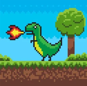 Screen of Pixel Game, Dragon with Fire Vector Stock Illustration