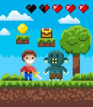 Screen of Pixel Game, Knight Hero and Geek Vector Illustrazione stock