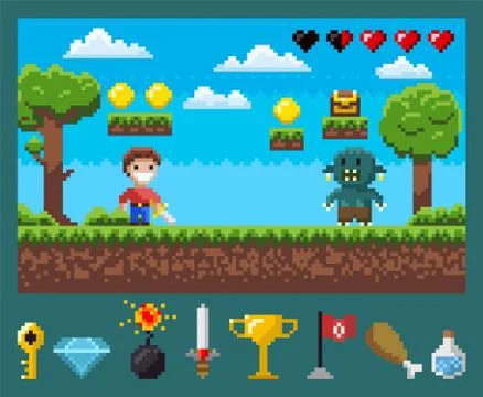 Screen of Pixel Game, Knigth and Geek, War Vector 스톡 일러스트