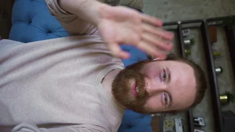 Screen pov, man talking video calling friend family Spbd. guy with beard Stock Footage 135787379