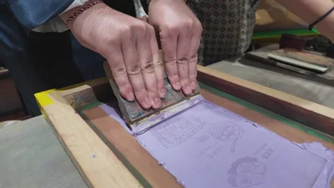 Screen printing process with ink and squeegee Stock Footage 342338121