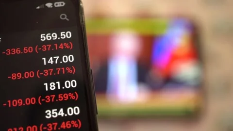 Screen with quotes of the falling Russian stock market. Crisis, panic on the  Stock Footage 170921475